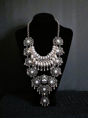 Vtg 2010 Boho Oxidized Silver Opalite Statement Bib Necklace Tiered Festival